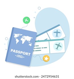 Passport and airplane ticket concept, Boarding pass ticket icon. travel concept. Summer travel banner, passport and boarding pass in the background. online ordering. Flat vector illustration.