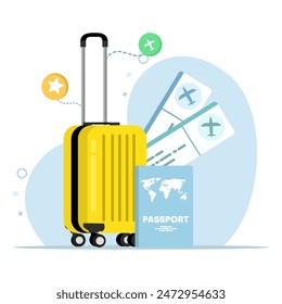 Passport and airplane ticket concept, Boarding pass ticket icon. travel concept. Summer travel banner, passport and boarding pass in the background. online ordering. Flat vector illustration.