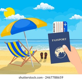 Passport and airplane ticket in hand. Landscape of wooden chaise lounge, umbrella, flip flops on beach. Day in tropical place. Vector illustration in flat style