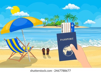 Passport and airplane ticket in hand. Landscape of wooden chaise lounge, umbrella, flip flops on beach. Day in tropical place. Vector illustration in flat style