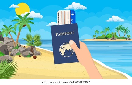 Passport and airplane ticket in hand. Landscape of palm tree on beach. Day in tropical place. Vacation and holidays. Vector illustration in flat style