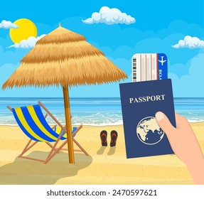 Passport and airplane ticket in hand. Landscape of wooden chaise lounge, umbrella, flip flops on beach. Day in tropical place. Vector illustration in flat style