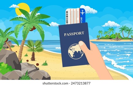 Passport and airplane ticket in hand. Landscape of palm tree on beach. Day in tropical place. Vacation and holidays. Vector illustration in flat style