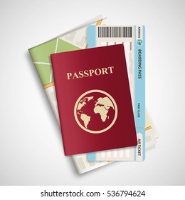 Passport with airplane ticket and map. Travel concept background. Stock vector realistic illustration.