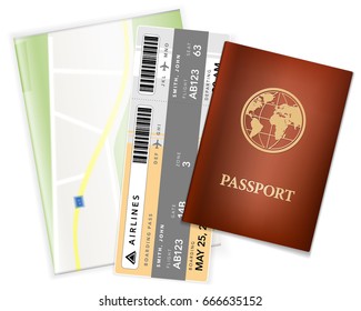 Passport, airplane ticket and map - travel accessories - isolated on white background. Vector illustration.
