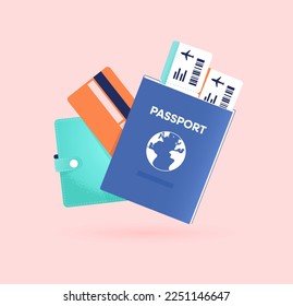 Passport with airplane ticket, wallet and credit card. Document for traveling, tourism, immigration. Flight pass for airplane. ID control at the airport. Isolated vector illustration