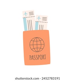 Passport with airplane tickets. Tourism and traveling by airplane concept. Vector illustration in flat style