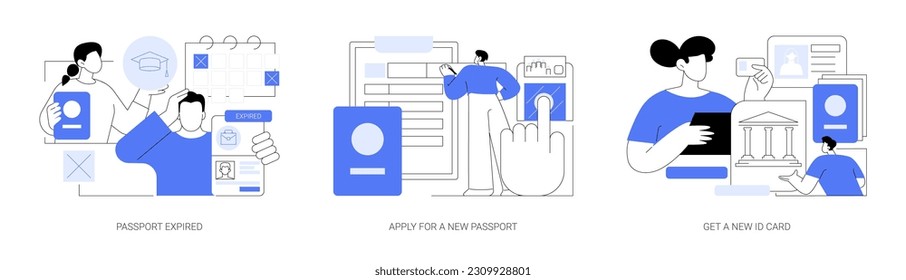 Passport application abstract concept vector illustration set. Passport expired, apply for a new ID card, personal biometric identification, fingerprint scan, apply for working visa abstract metaphor.