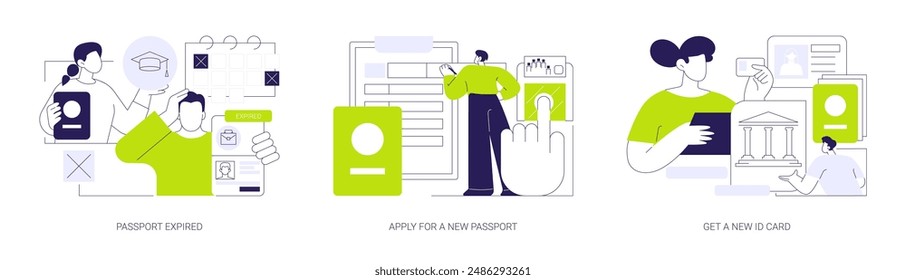 Passport application abstract concept vector illustration set. Passport expired, apply for a new ID card, personal biometric identification, fingerprint scan, apply for working visa abstract metaphor.