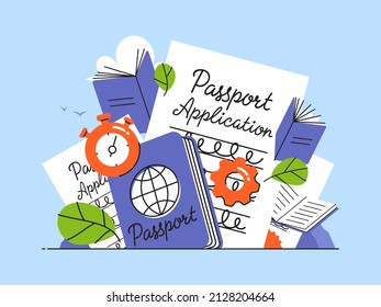 Passport application form with stopwatch and gear. Flat style vector illustration for citizenship and immigration services concept