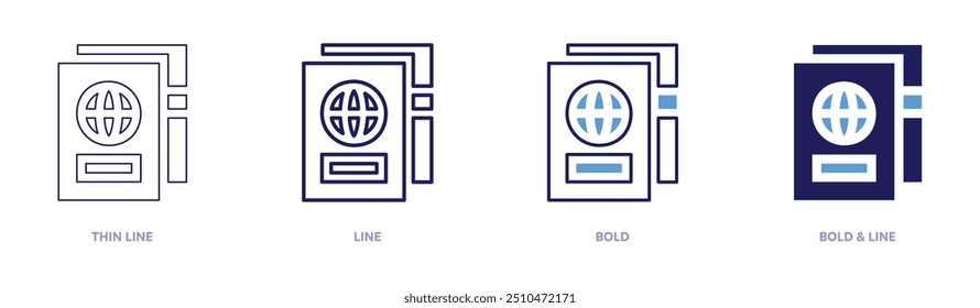Icono de cita de pasaporte en 4 estilos diferentes. Línea delgada, línea, negrita y línea negrita. Estilo duotono. Trazo editable.