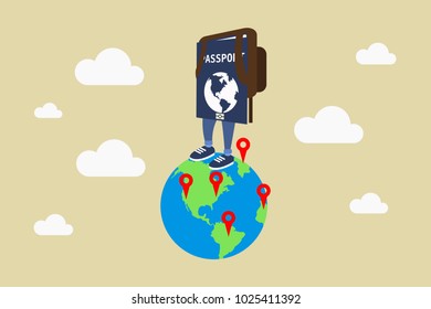 Passport with backpack standing on the Earth in clouds. Traveling concept. Eps vector illustration