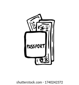 
Passport with banknotes. Identity documents for travel, and money. Vector illustration of  doodle style, isolated object on a white background.