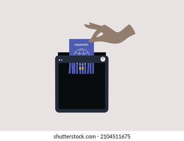 A passport being destroyed with a shredder machine, giving up one's citizenship, a document termination