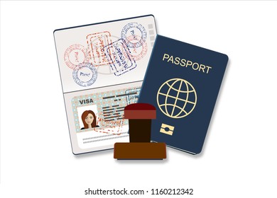 Passport with biometric data. Identification Document and stamp Flat Vector Illustration