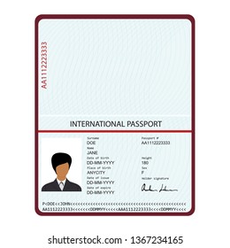 Passport with biometric data. Identification Document.  international passport template with sample personal data page