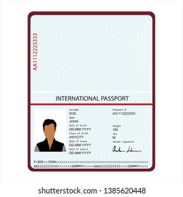 Passport with biometric data. Identification Document.  international passport template with sample personal data page