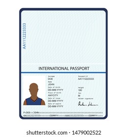 Passport with biometric data. Identification Document.  international passport template with sample personal data page