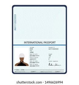 Passport with biometric data. Identification Document.  international passport template with sample personal data page