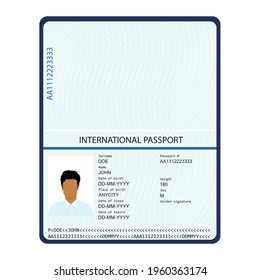 Passport with biometric data. Identification Document.  international passport template with sample personal data page