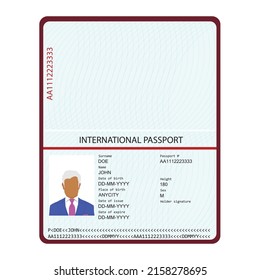 Passport with biometric data. Identification Document.  international passport template with sample personal data page