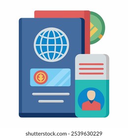 Passport with biometric data. Identification document and stamp flat Vector illustration on white back