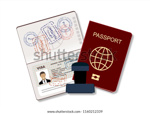 生体認証データを持つパスポート 識別文書とスタンプのフラットベクターイラスト のベクター画像素材 ロイヤリティフリー