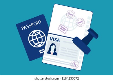 Passport with biometric data and visa stamps on it isolated on blue background. Identification Document and customs stamps. Eps 10 Vector illustration, Minimalist flat business style modern design.