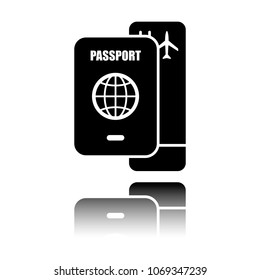 passport, boarding pass. air travel concept. Black icon with mir