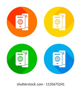 passport, boarding pass. air travel concept. Flat white icon on colored circles background. Four different long shadows in each corners
