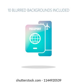 passport, boarding pass. air travel concept. Colorful logo concept with simple shadow on white. 10 different blurred backgrounds included