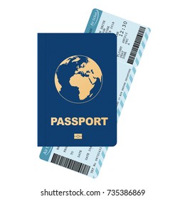 Passport and boarding pass, airline passenger ticket with bar code. Air travel concept. Flat Design citizenship ID for traveler. Vector