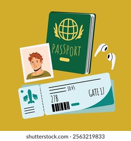 Passport, Boarding Pass, Bluetooth Earphone, and Personal Photograph – Travel Essentials Concept Flat Vector Illustration
