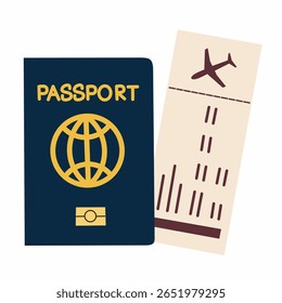 Passaporte e cartão de embarque em estilo de desenho animado plano. Perfeito para ícones de viagem, fundamentos de aeroporto ou projetos de documentos de voo.
