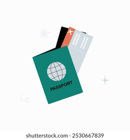 Passaporte e cartão de embarque em ilustração vetorial plana simbolizando viagens internacionais, identidade e exploração global, isolados sobre fundo branco.