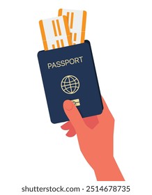 Passaporte E Cartão De Embarque. Passaporte em mãos. O homem possui o documento de identificação pessoal. Passaporte para viagens e turismo. Conceito de viagem, cidadania e migração. Ilustração vetorial