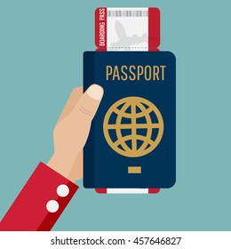passport with boarding pass in hand vector illustration
