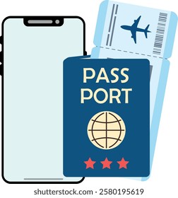 Passport with a boarding pass inside. Airport design. Airplane ticket in cartoon stylisation. Travel and tourism vector concept in flat style