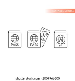 Pasaporte, icono del vector de la línea de pasada de abordaje. Símbolo de contorno del billete de avión, trazo editable.
