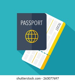 ícone do bilhete de passaporte e cartão de embarque. Design plano. Ilustração vetorial