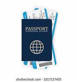 Passport with boarding pass. Two airplane tickets inside passport. Air travel concept. Tourism concept. Vector