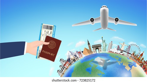 passport boarding pass with world travel landmark