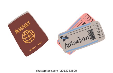 Passport and Boarding Tickets as Travel and Tourism Symbol Vector Set