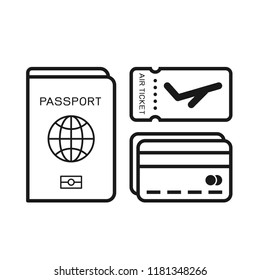 Passport book with credit card and air ticket icons, important items to carry on the trip. Flat simple design. Line Vector. Isolate on white background.