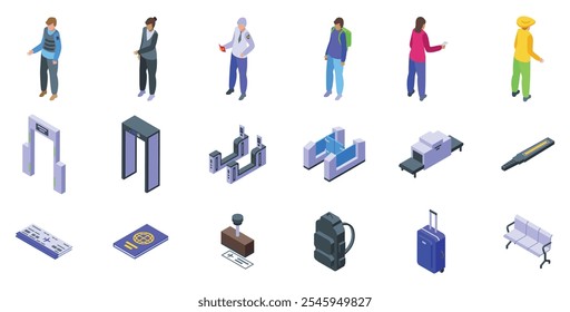 Passport border control icons set. Airport security check process with passengers undergoing screening, presenting documents, and luggage being scanned