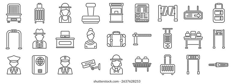  Passport border control icons set. Line art icon set representing airport security, baggage handling, passenger services, and navigation, ideal for travel and aviation related projects