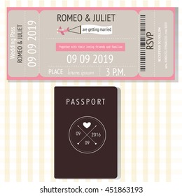 Passport  And Broading Pass Design Wedding Invitation Cards .Ilustration EPS 10.