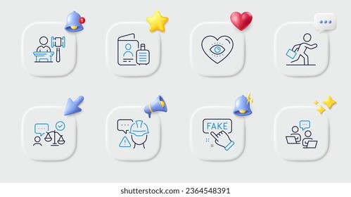 Passport, Businessman run and Auction line icons. Buttons with 3d bell, chat speech, cursor. Pack of Fake information, Builder warning, Meditation eye icon. Teamwork, Lawyer pictogram. Vector