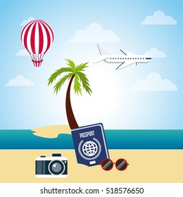 passport and camera in beach landscape with air balloon and airplane flying. colorful design. vector illustration