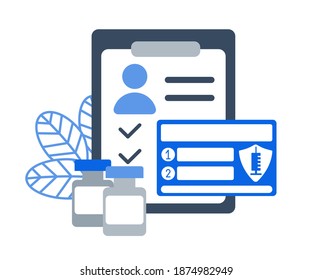 Passport card of recipient of coronavirus vaccine. Two-Dose Vaccination Covid-19. List of reminders for second injection. Repeated immunization. Bottles antivirus on schedule. Vector flat illustration